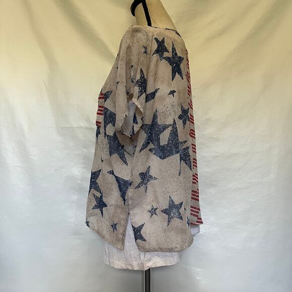 SUE WHO? Americana Womens Top Sz L Festival Stars Stripes Rhinestone Patchwork - Picture 6 of 13